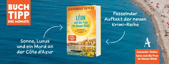 Zu sehen ist im Hintergrund blaues Meer, ein Strand mit vielen Menschen. Beworben wird ein Buch, der Buchtipp des Monats Juni