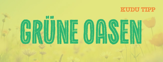 Der typografische Schriftzug bedeutet Grüne Oasen, im Hintergrund Blumenwiese, alles in grün gehalten